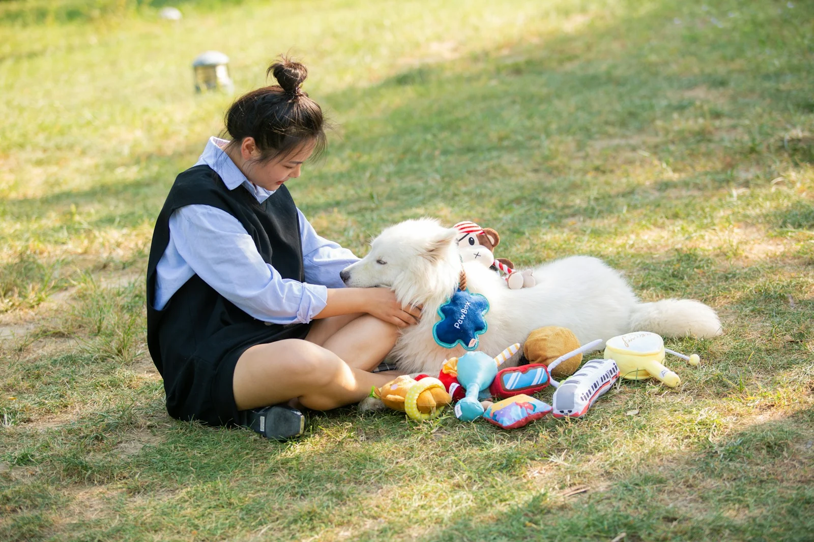 Woman pets a fluffy dog surrounded by toys.;第三方摄影参考